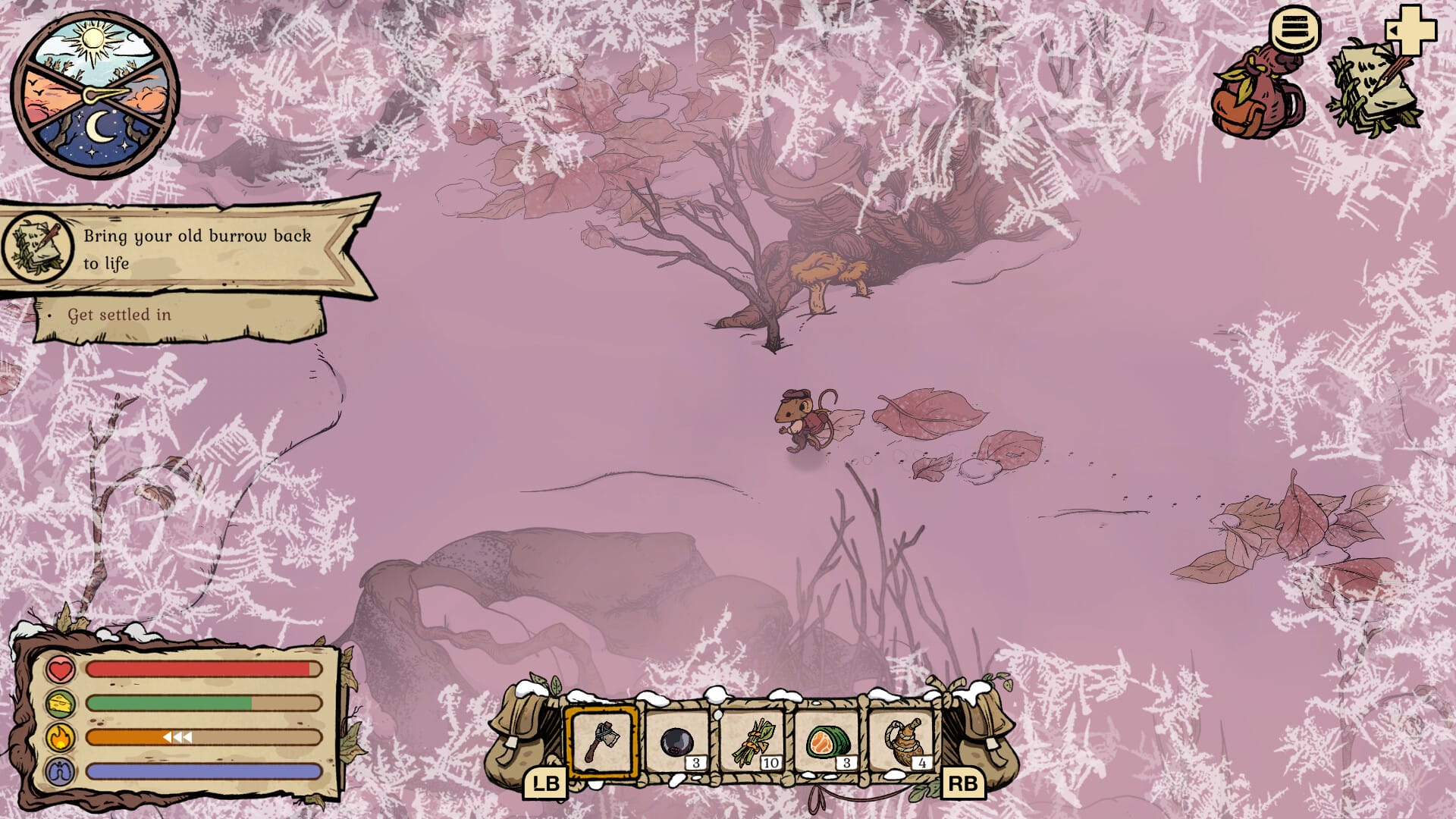 A screenshot of Winter Burrow shows the mouse running through the snow. Ice surrounds the screen like a vignette.