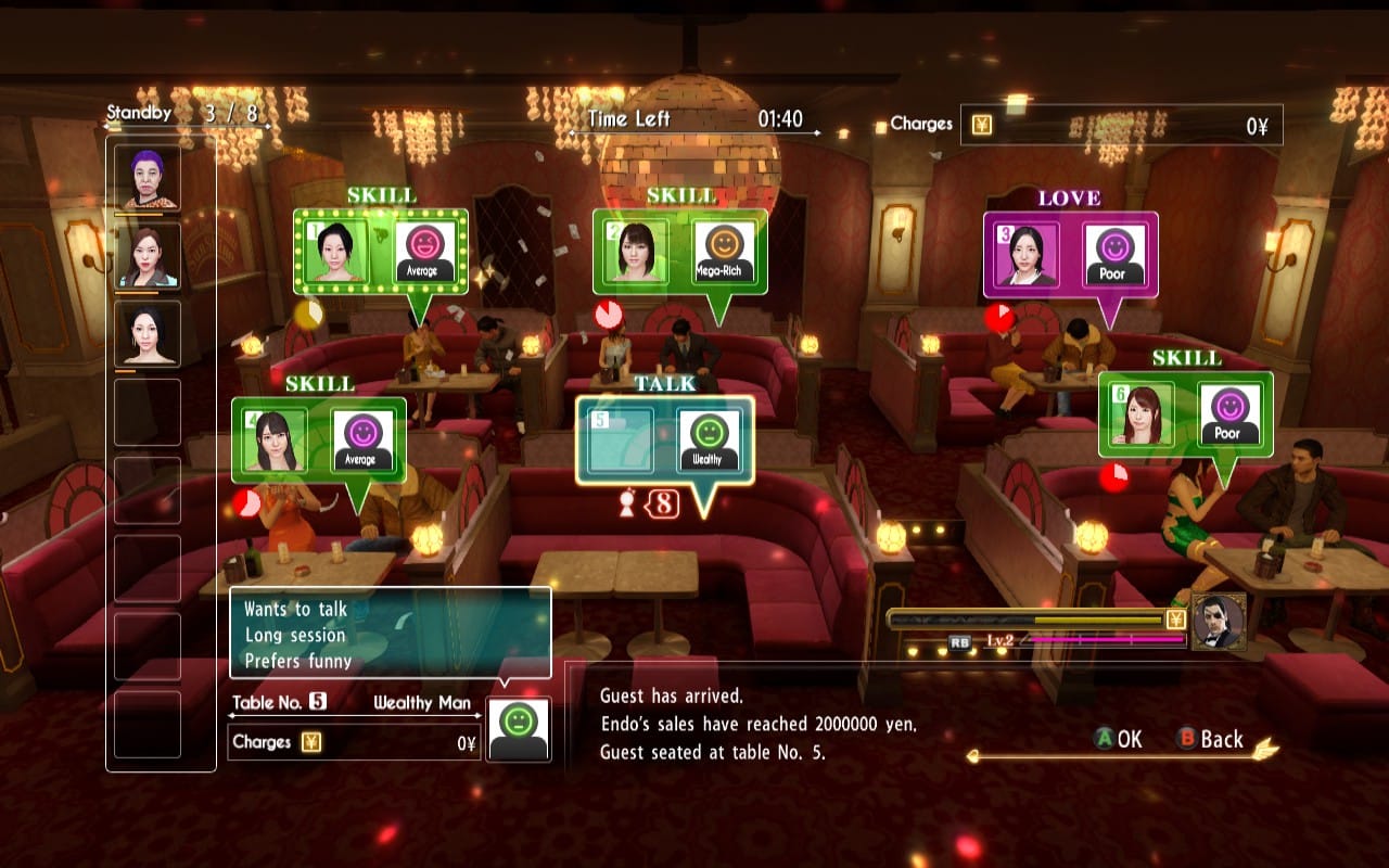 A shot of the UI overlay for the Club Sunshine mini-game, depicting the interior of the nightclub with a bunch of tables. Each table has icons on top of it that let the player know which hostess is working at it, and their skill level.