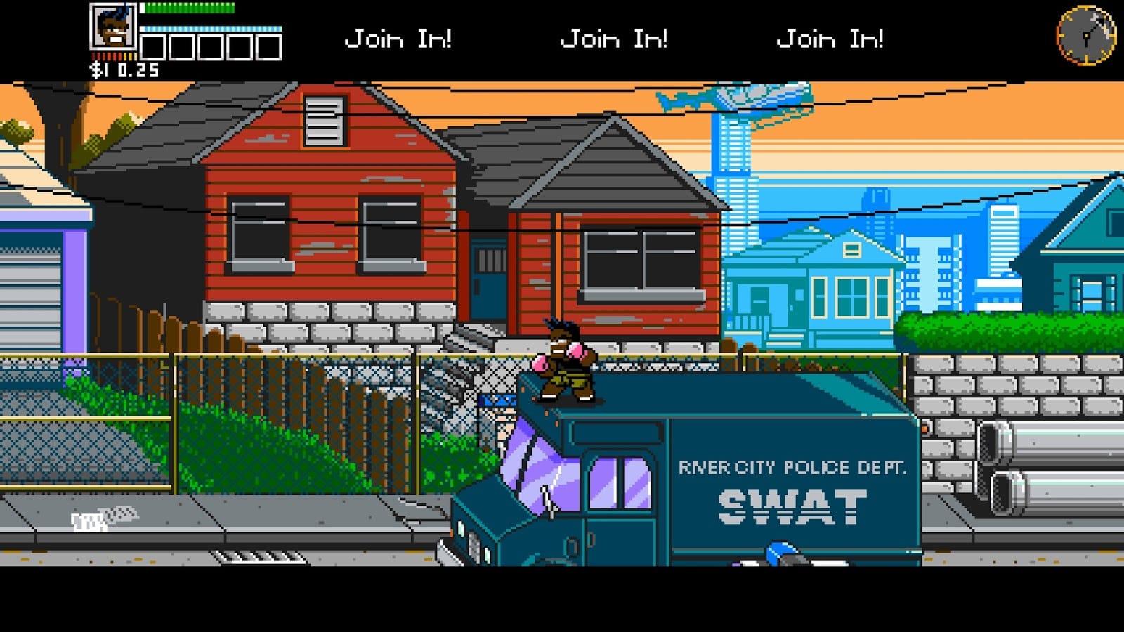 The player-character stands on top of a River City SWAT vehicle in a fighting stance.
