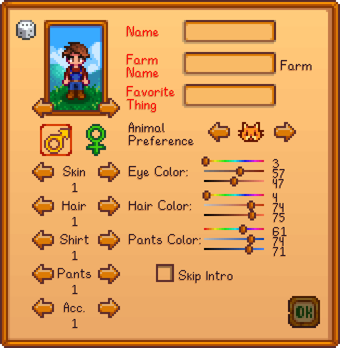 The character creation screen for Stardew Valley shows numerous options for skin, hair, clothing, and eye color, and only two options for gender.