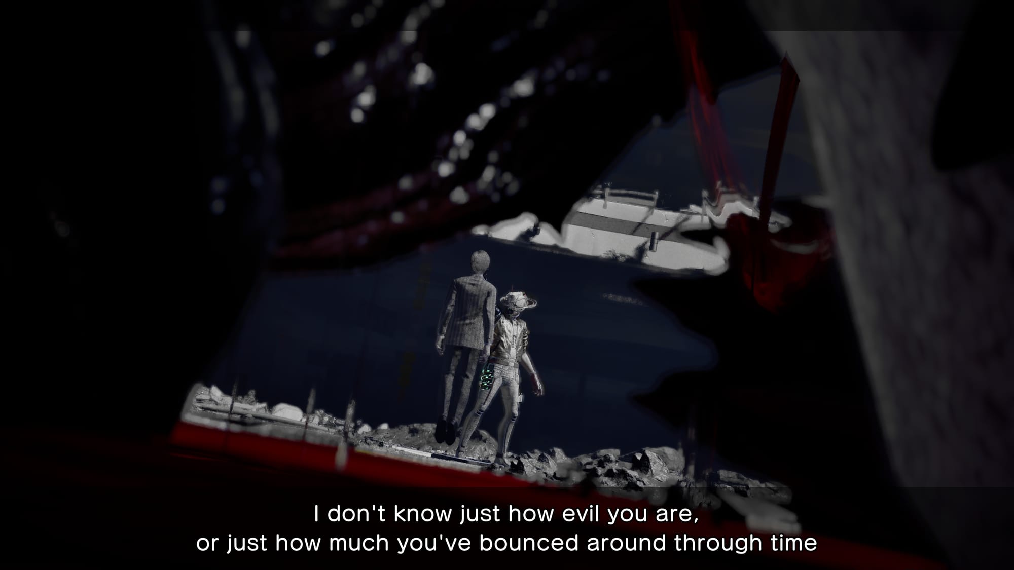 A long shot of a man in a cowboy hat holding another man aloft by the head. Dialogue text at the bottom of the screen reads, "I don't know just how evil you are, or just how much you've bounced around through time."