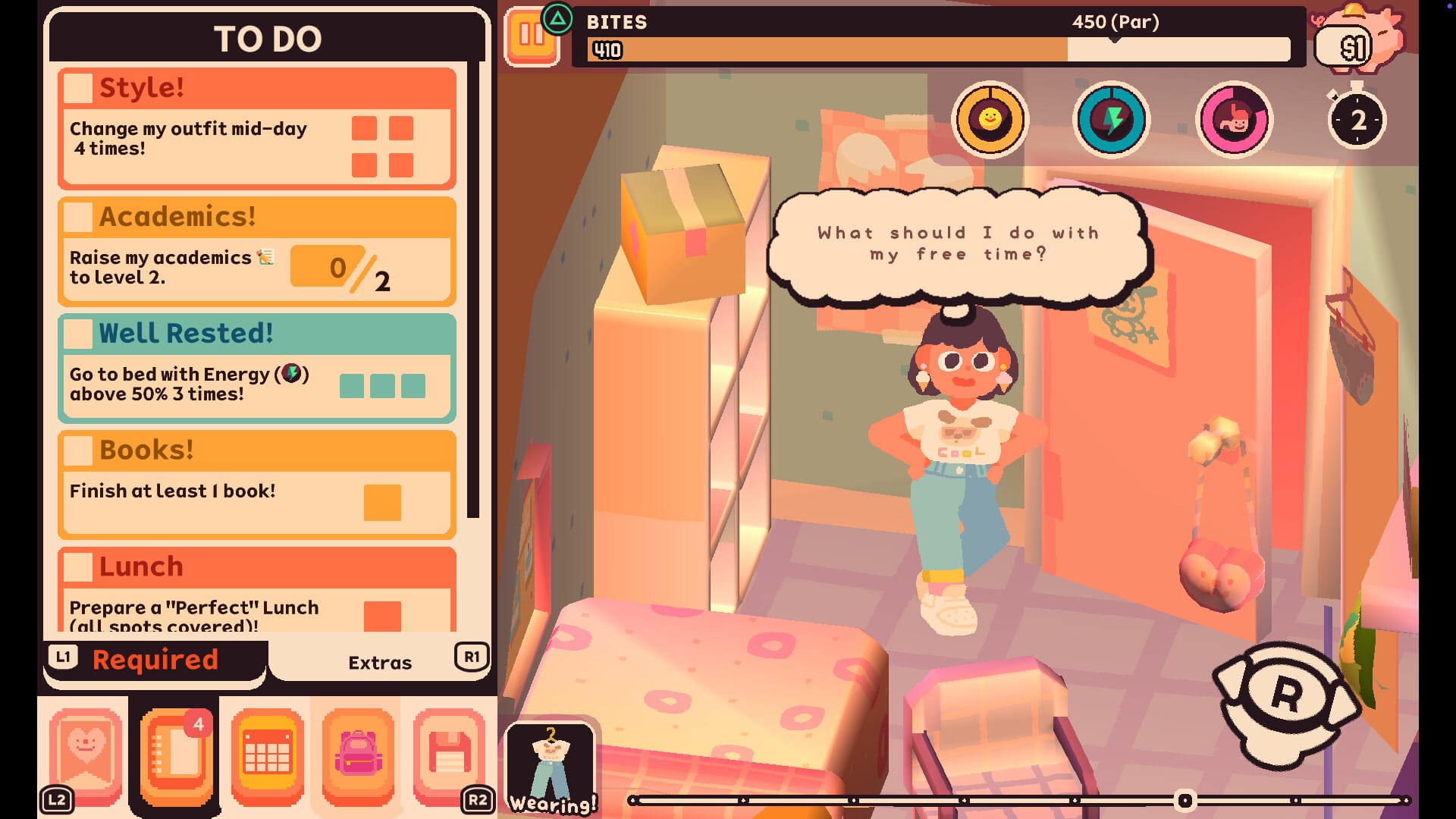 Jenny stands in the middle of her room with a thought bubble that says "What should I do with my free time?" The UI displays a long to do list with various items like "raise my academics to level 2" and "go to bed with energy above 50% 3 times."