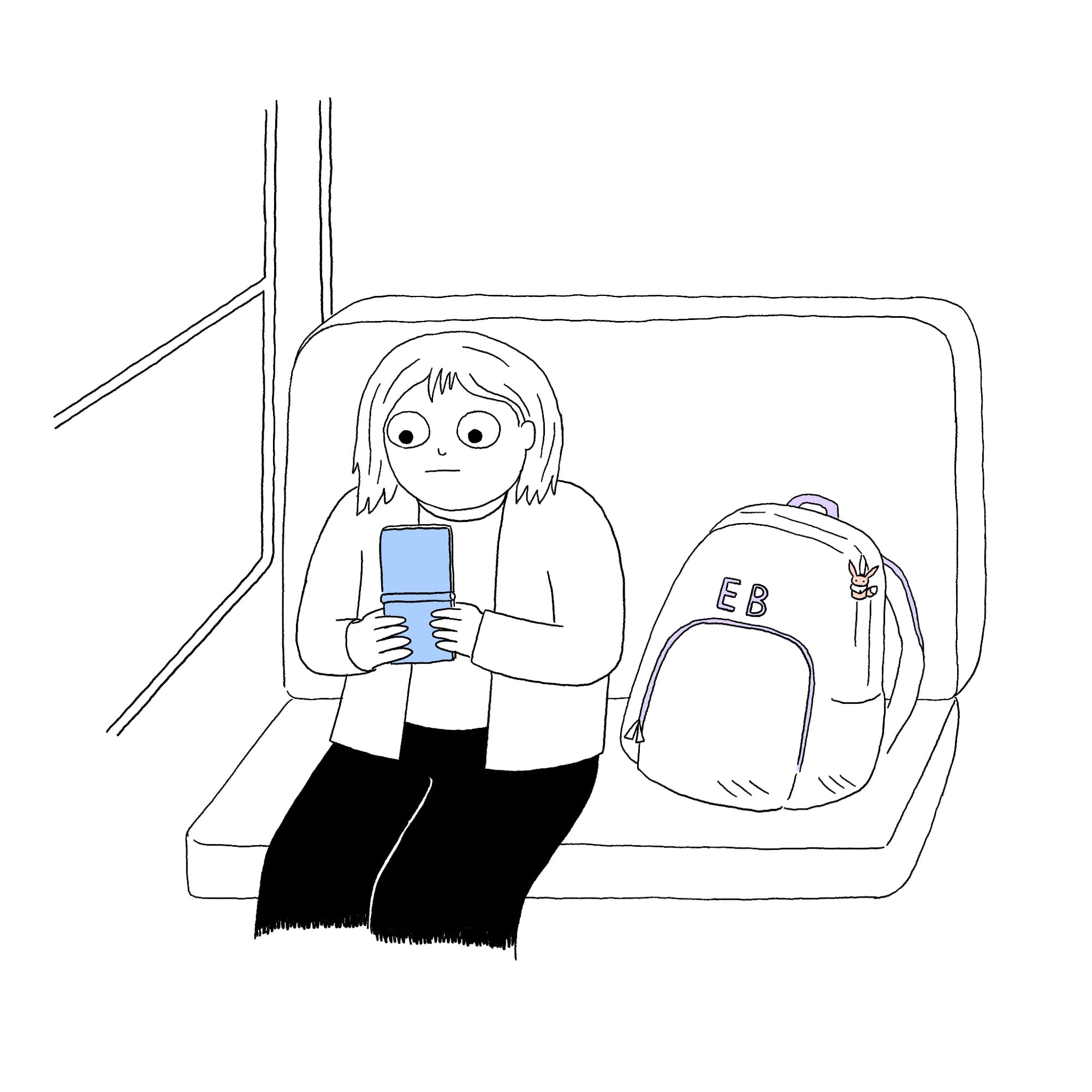 Illustration: Ellie sits on a school bus bench, playing a blue Nintendo Game Boy Advance SP. Beside them on the bench sits a backpack with the initials "EB" and an Eevee keychain on the zipper.