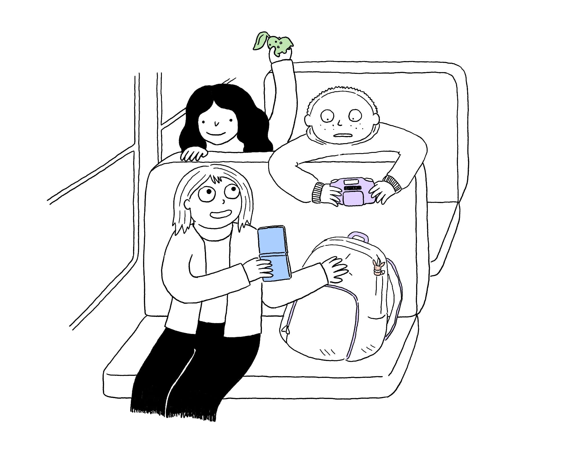 Illustration: A wider view of the bus shows Ellie sitting on the bus, showing their Game Boy to the kids in the row behind her. In the row behind Ellie, one kid with long hair holds up a Chikorita figurine; the other kid plays a purple Game Boy Advance while leaning over the back of Ellie's seat.