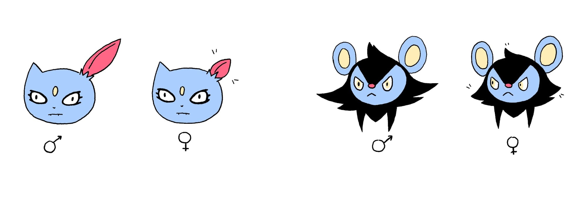 Illustration: Left, the male and female Hisuian Sneasel are shown. The male has a much larger pink ear than the female. Right, the male and female Luxray are shown. The male has larger tufts of hair around its face compared to the female.