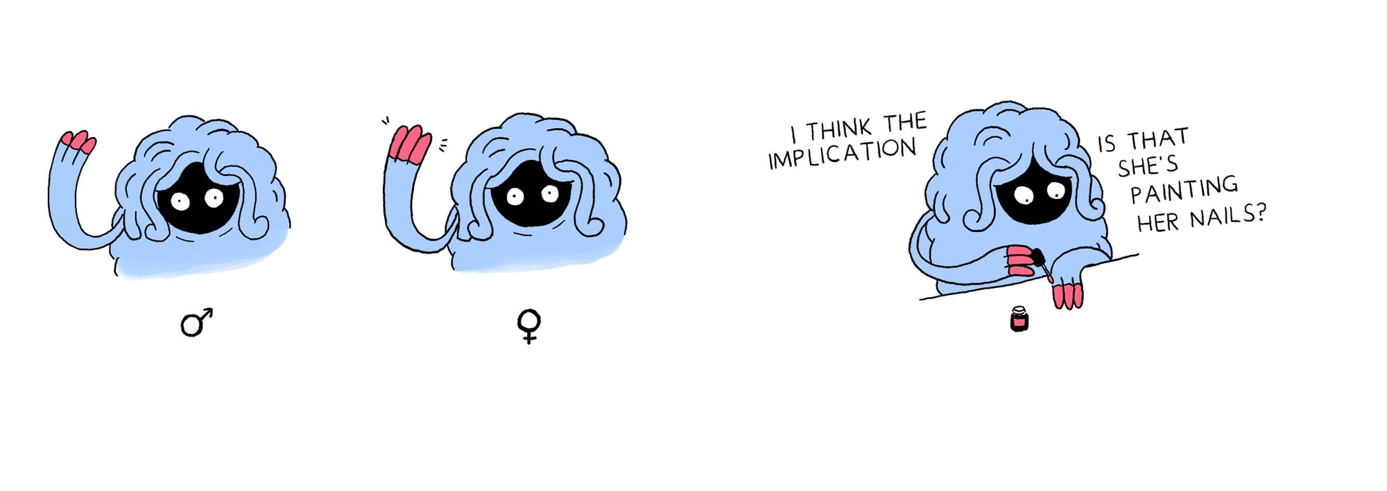 Illustration: Left, the male and female forms of Tangrowth are shown. The female has a longer pink accent on the tips of their fingers than the male. Right, Tangrowth paints their nails with a caption that reads, "I think the implication is that she's painting her nails?"