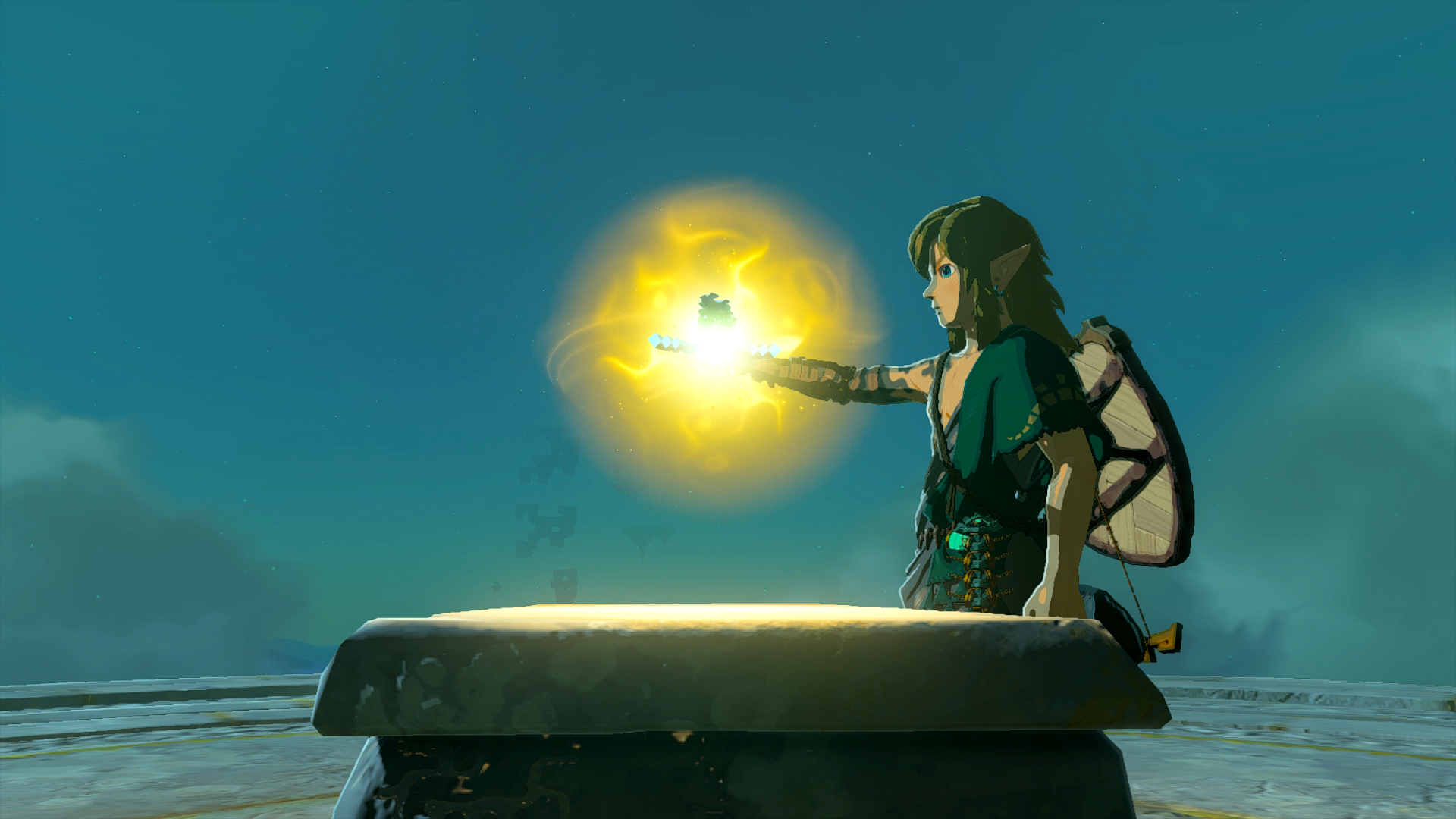 Link stands in front of a pedestal, the broken Master Sword floating in front of him and glowing.