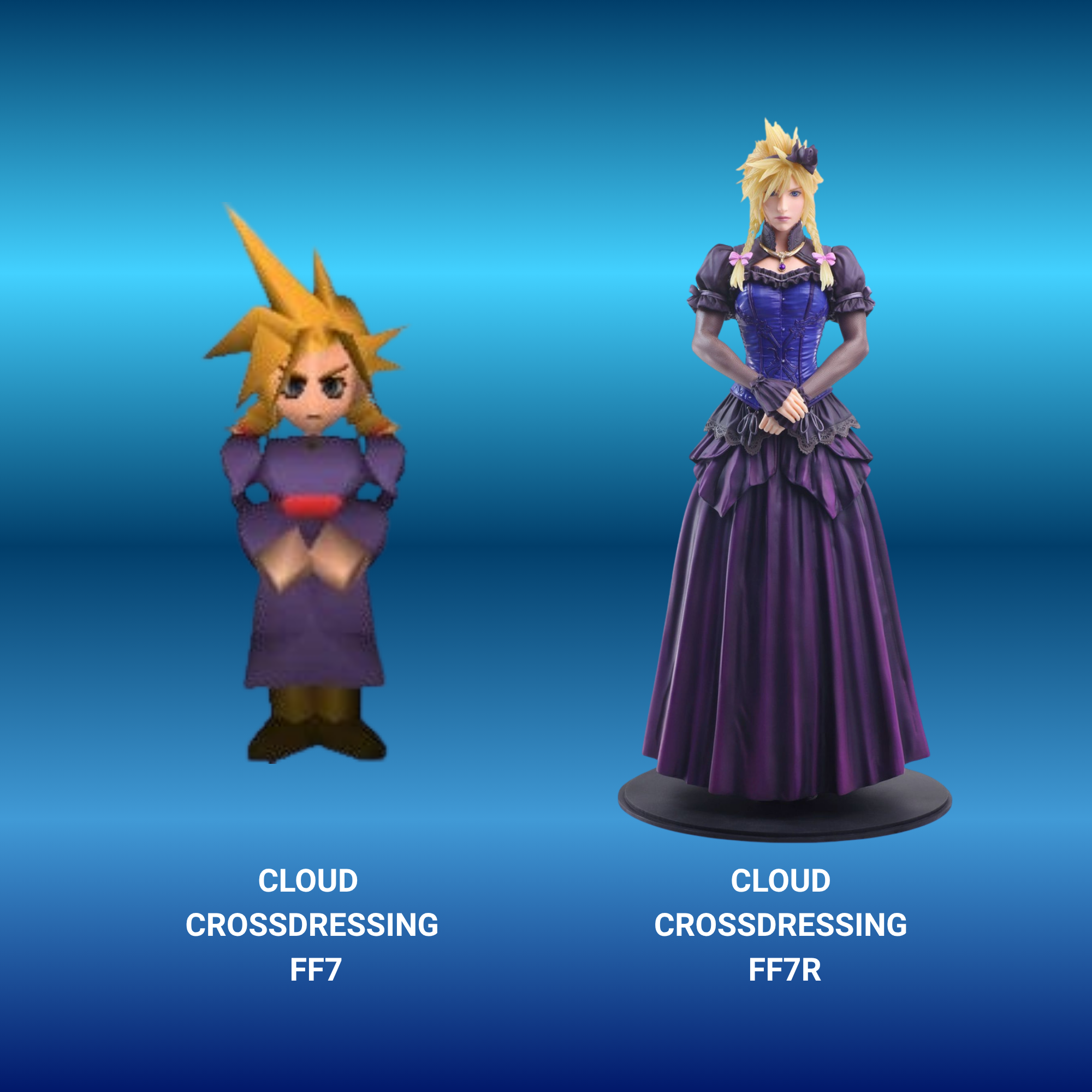 A comparison of Cloud’s cross-dressing quest in FF7 and FF7Remake. Cloud’s appearance is far more detailed in the remake, while gameplay remains more detailed in the original.