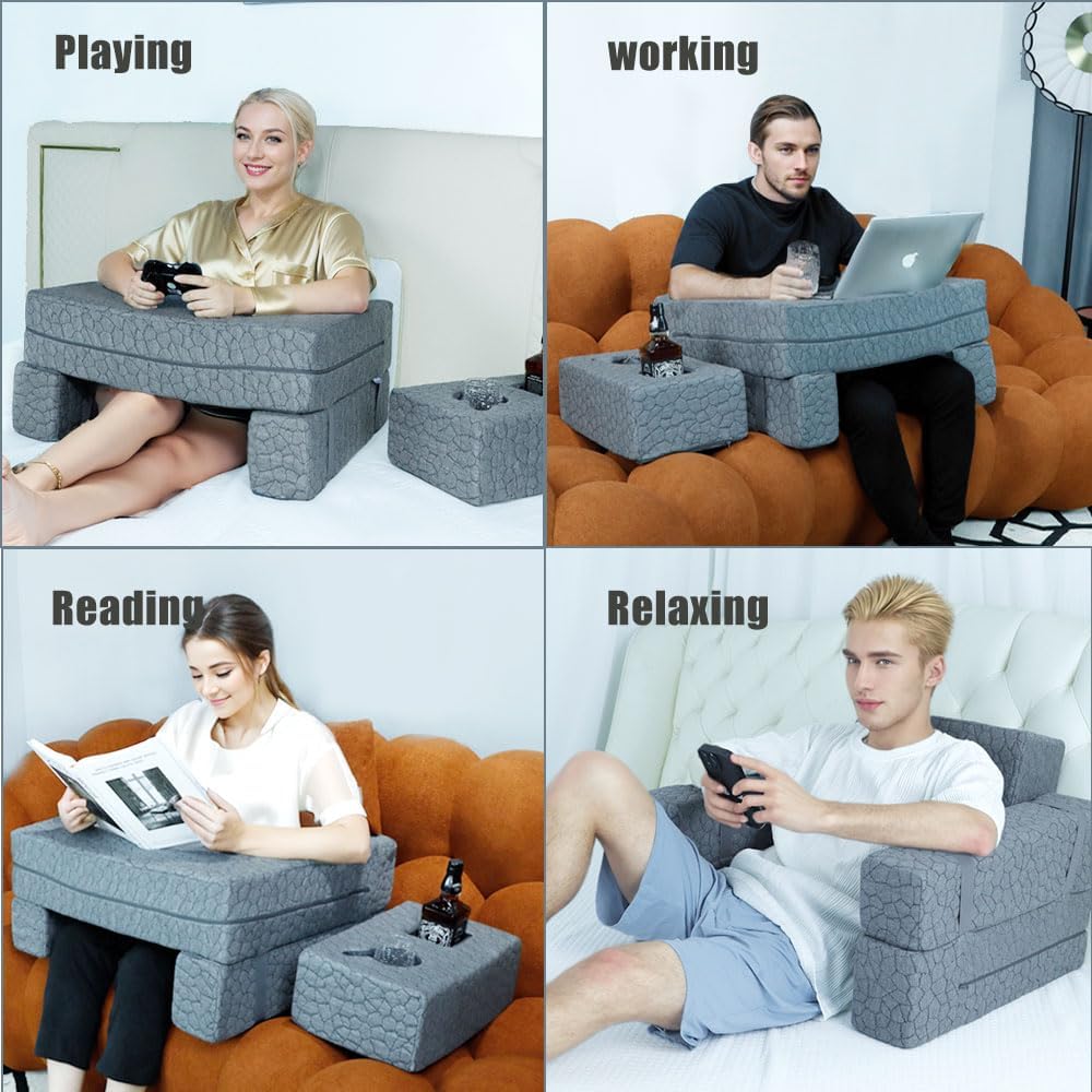 A series of images of people using an adjustable memory foam pillow with a piece over their legs on which you can place a laptop or game controller