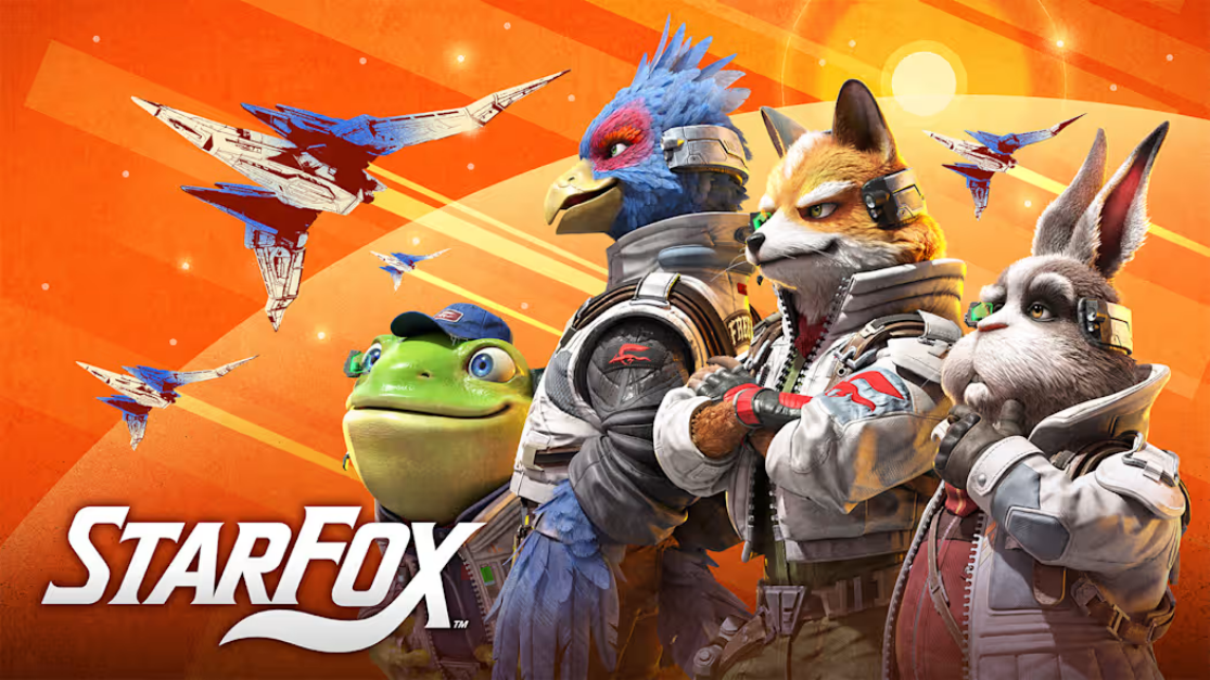 A title card for Star Fox remake shows Slippy, Falco, Fox, and Peppy Hare looking into the beyond with resolve.