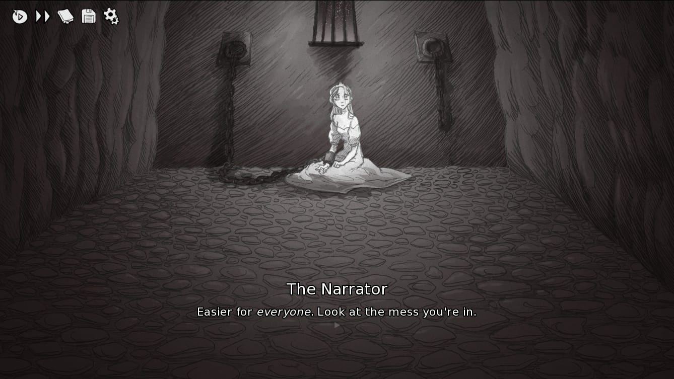 A blonde woman in a tiara and a long dress has been chained to a wall in a dungeon. Dialogue text on screen from The Narrator reads, "Easier for everyone. Look at the mess you're in."