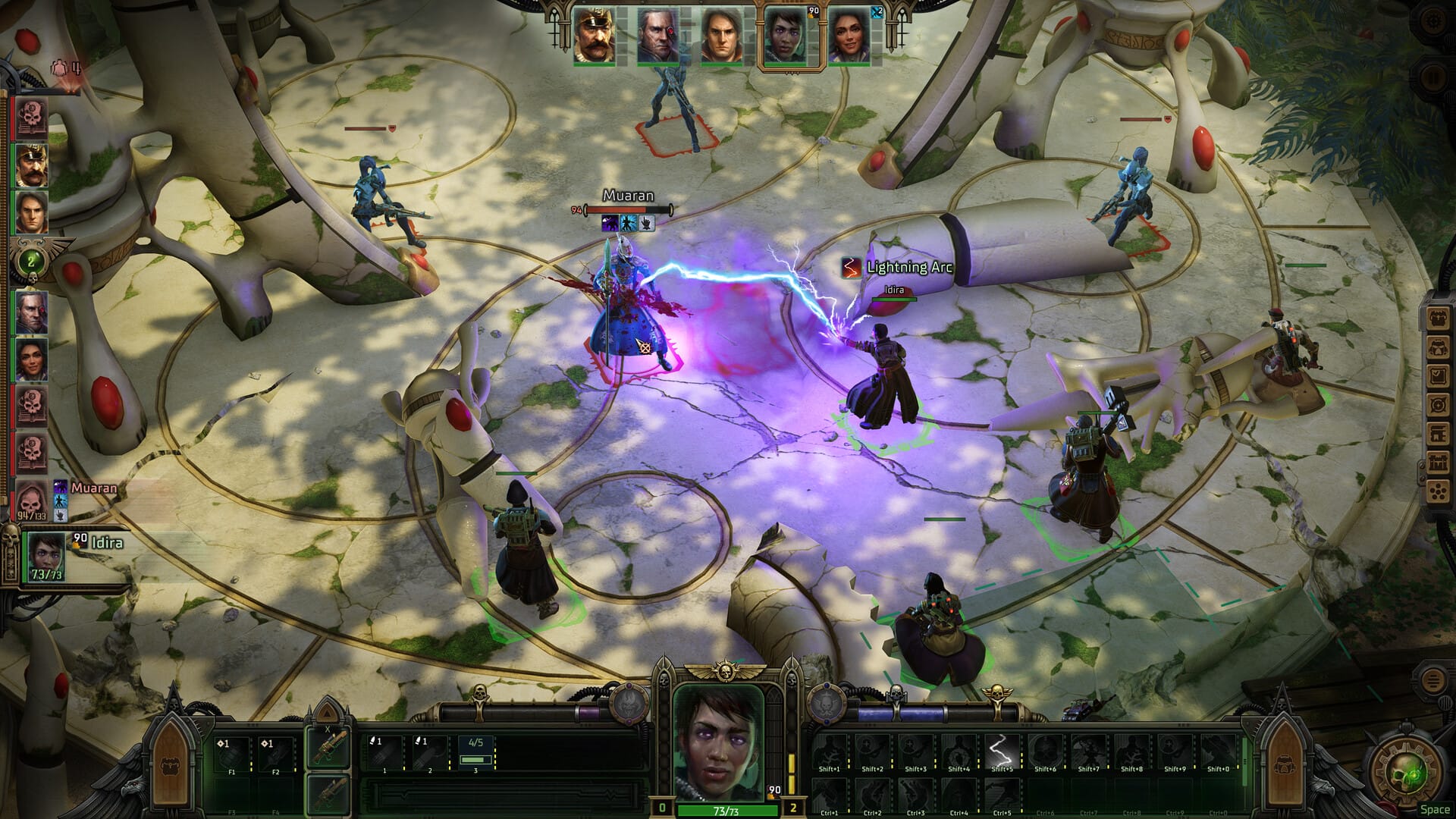 A combat screen from Rogue Trader, depicting several characters with various weapons, shown from an isometric view. One of them is casting "Lightning Arc" on an enemy