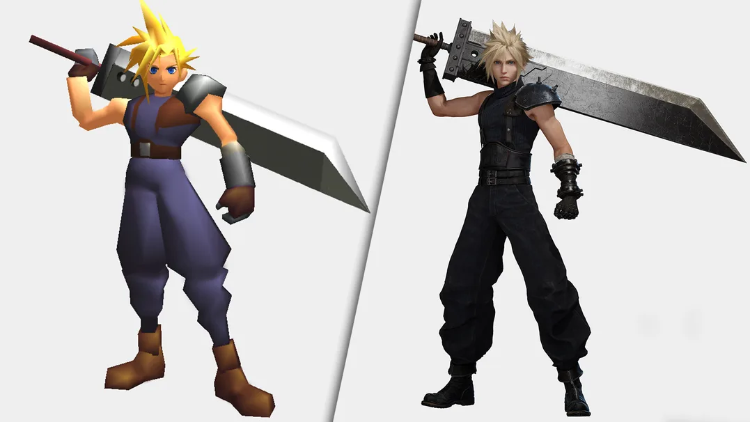 An image composite depicting Cloud Strife in the original Final Fantasy VII and the Remake