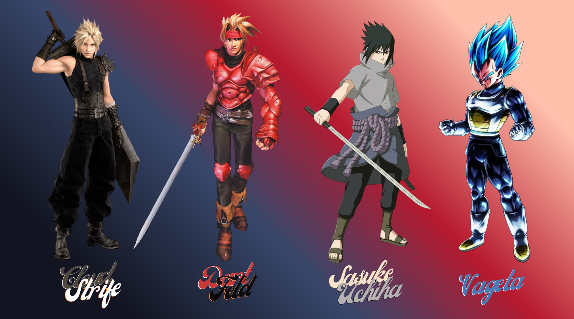 An image composite depicting Cloud Strife, Dart Feld, Sasuke Uchiha, and Vegeta