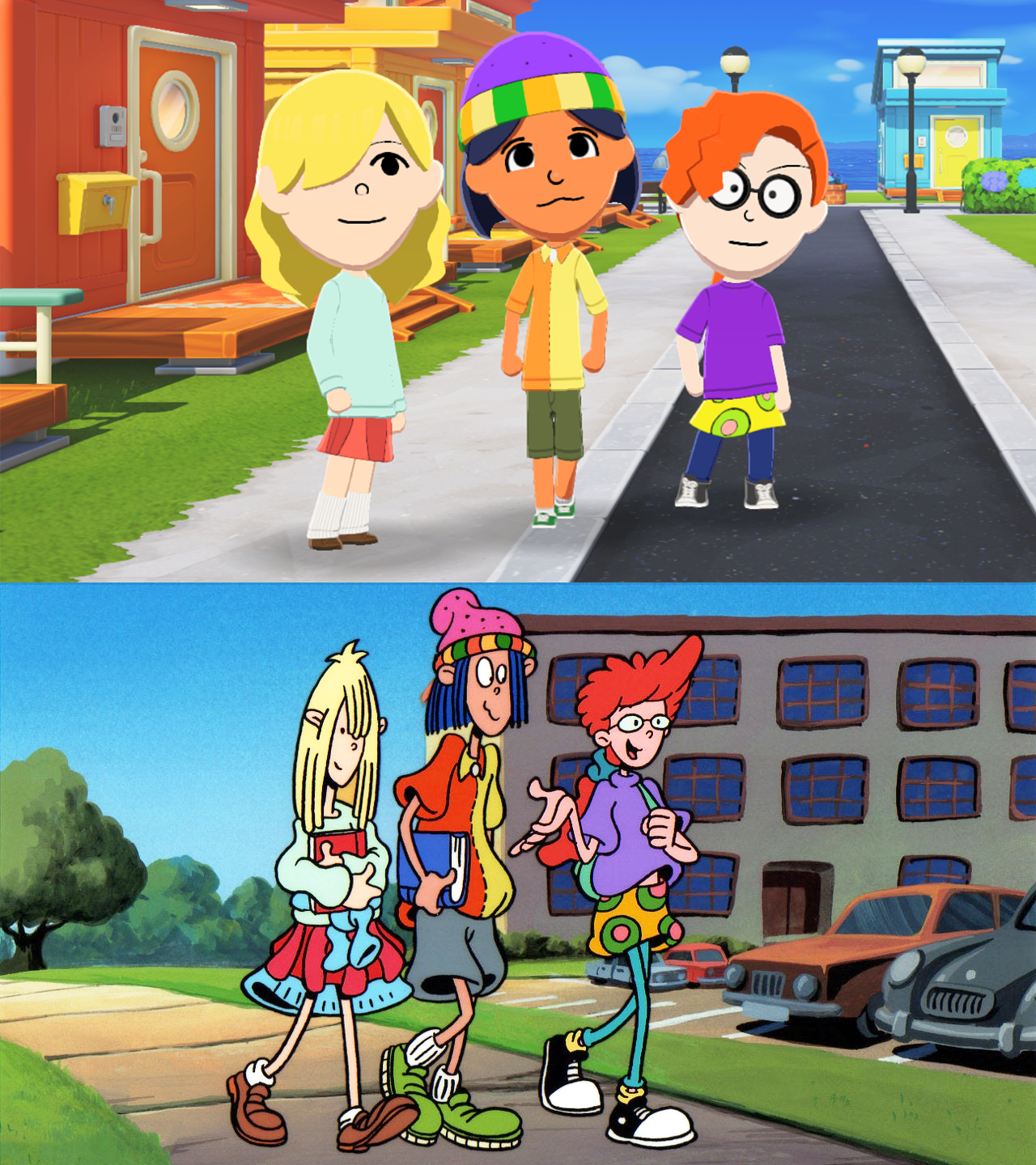 Top: Three Miis resembling the main cast of Pepper Ann stand facing the camera. Bottom: A shot of the three main characters from Pepper Ann.
