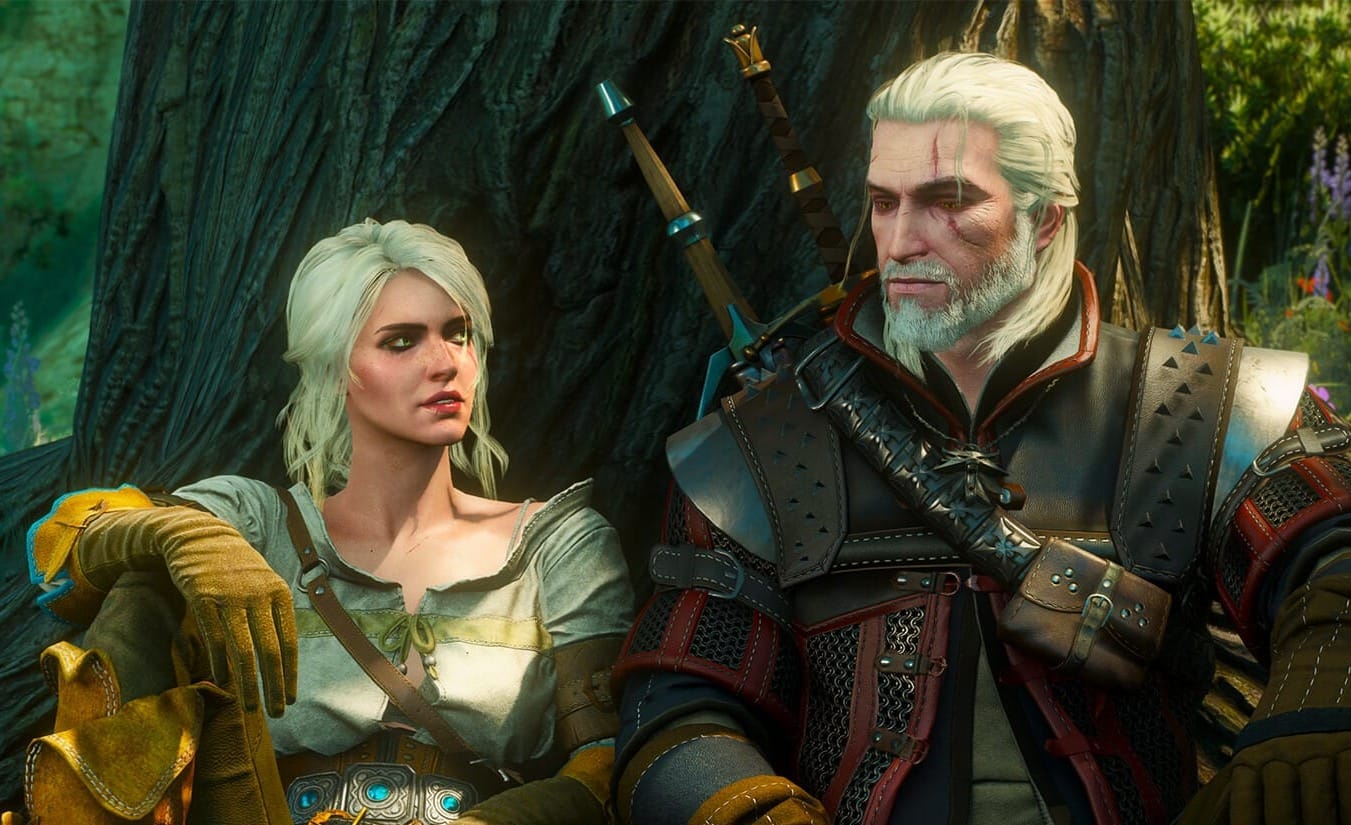 Ciri and Geralt sit on the ground underneath a tree together. Geralt's face is old and scarred; Ciri's comparatively younger face looks pensive.