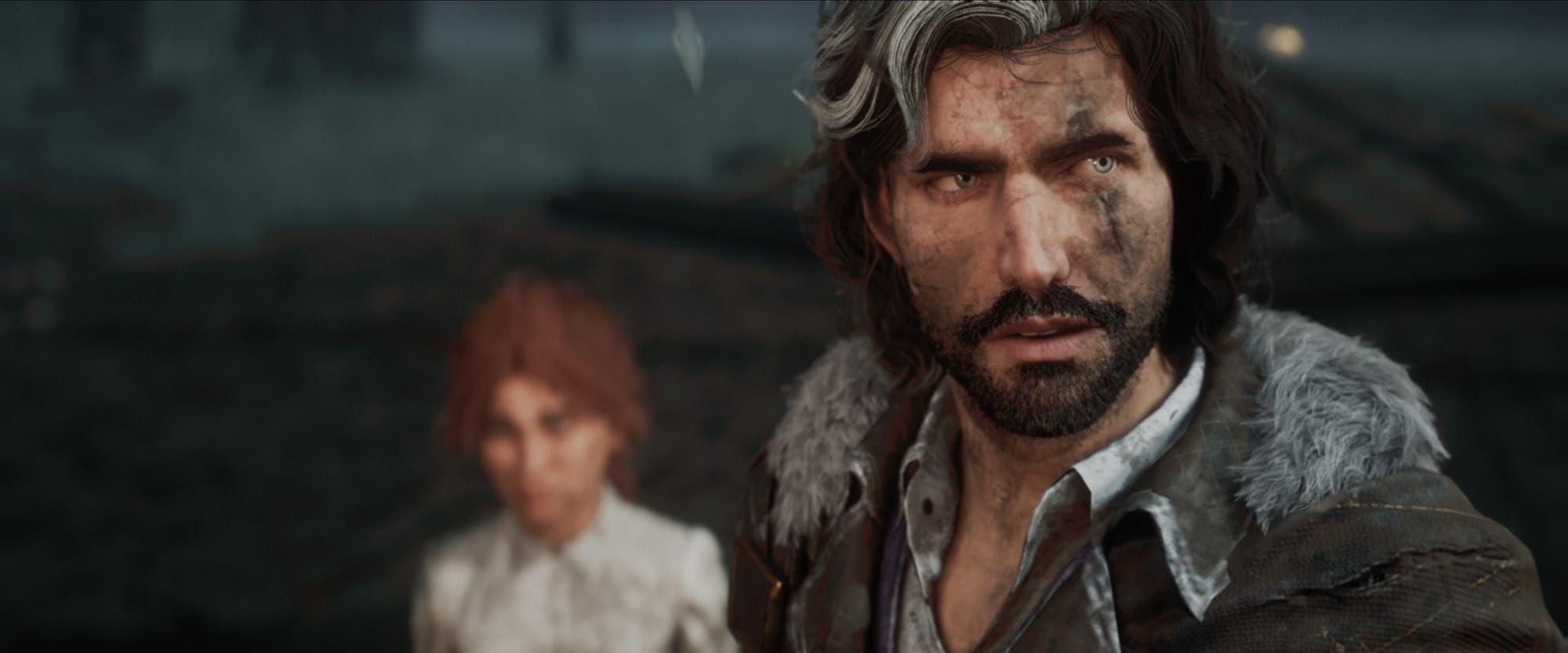 Verso, a man who has dark hair with a white streak in it and a scar across his left eye, looks offscreen with a serious expression. Behind him, out of focus, a young redheaded woman named Maelle stands nearby.