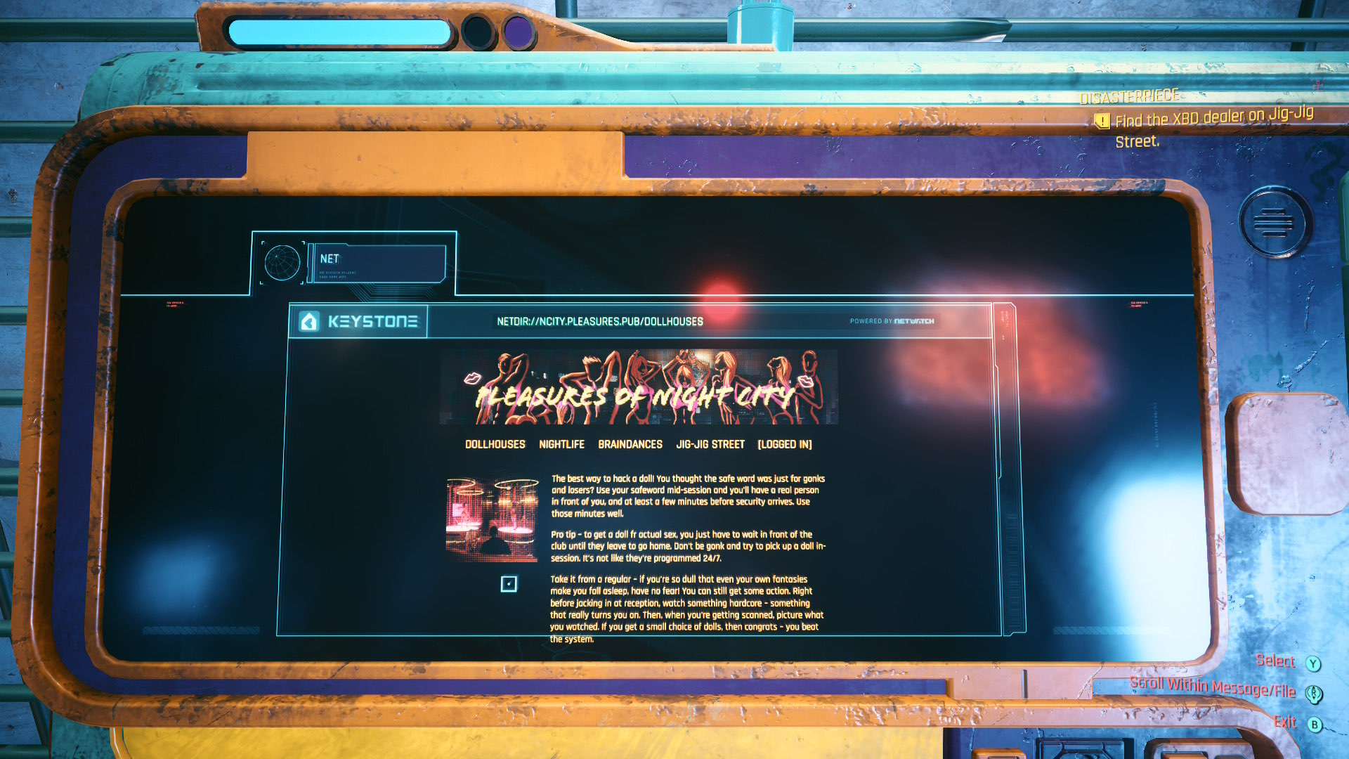 A screenshot of a computer in Cyberpunk 2077 displaying a webpage that reads "Pleasures of Night City." The content reads: The best way to hack a doll! You thought the safe word was just for gonks and losers? Use your safeword mid-session and you'll have a real person in front of you, and at least a few minutes before security arrives. Use those minutes well. Pro tip - to get a doll fr actual sex, you just have to wait in front of the club until they leave to go home. Don't be gonk and try to pick up a doll in-session. It's not like they're programmed 24/7. Take it from a regular - if you're so dull that even your own fantasies make you fall asleep, have no fear! You can still get some action. Right before jacking in at reception, watch something hardcore - something that really turns you on. Then, when you're getting scanned, picture what you watched. If you get a small choice of dolls, then congrats - you beat the system.