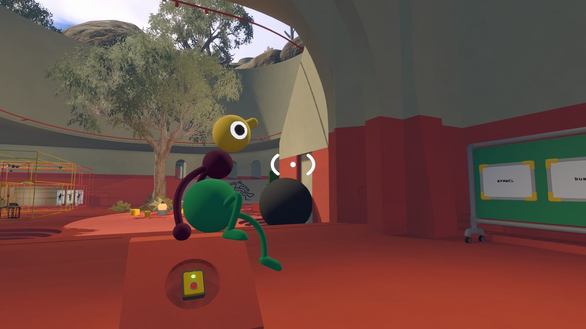 A character in Big Walk sits on a platform with a button on it. Nearby, there is a display of boards with text on them.