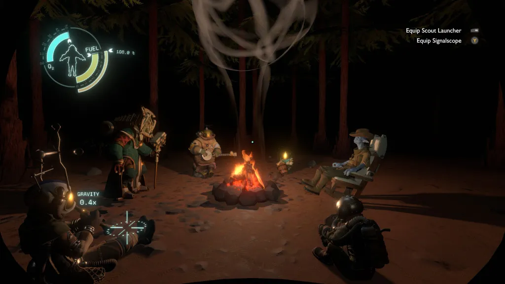 Five campers sit around a campfire, playing music.