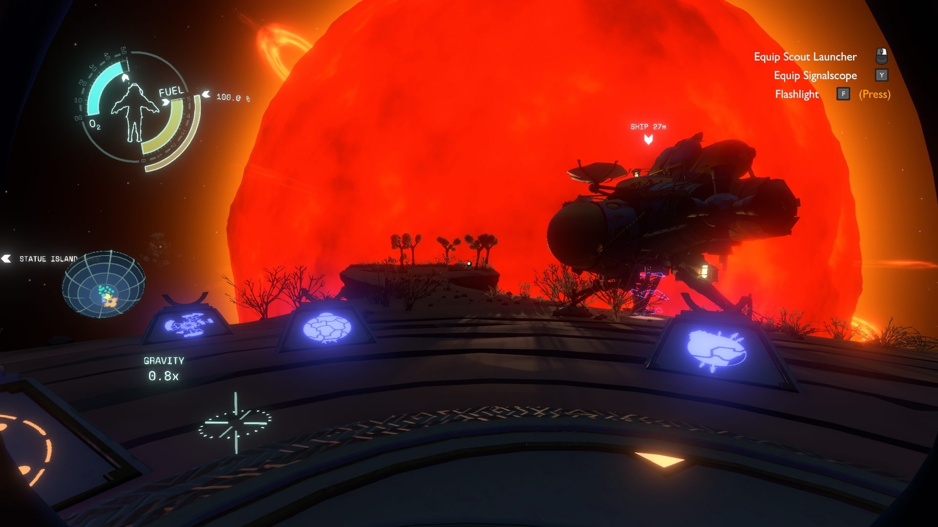 A shot from inside your ship with a HUD. You can see the sun as well as another ship 27 meters away.