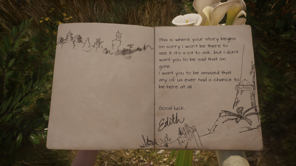 Christopher holds the last page of Edith’s diary, illustrated with sketches of scenes from near the home, at her grave after learning about the family’s past.