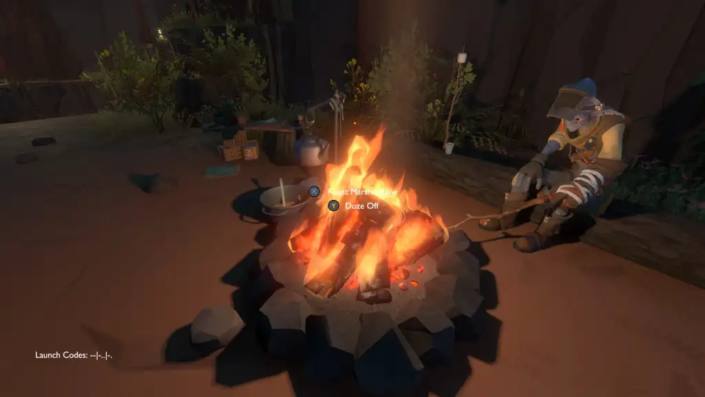 The player-character sits beside a fire with the option to roast marshmallows or doze off.