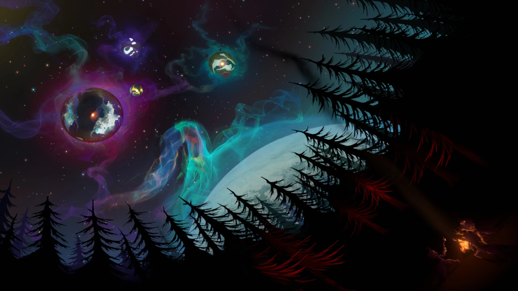 A shot of the sky sows four planets forming after you sacrifice yourself.