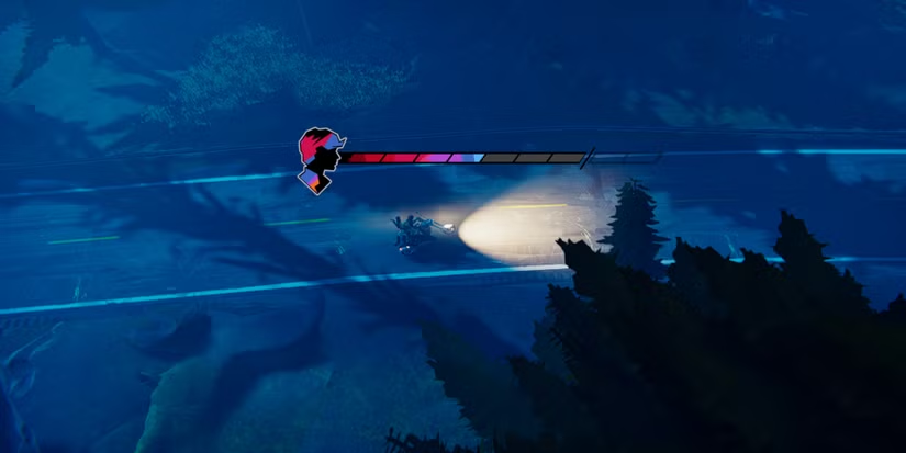 A birds-eye view of the road with a teen seen on the road, using a headlight. The stamina bar is overlaid, showing four out of seven bars full.