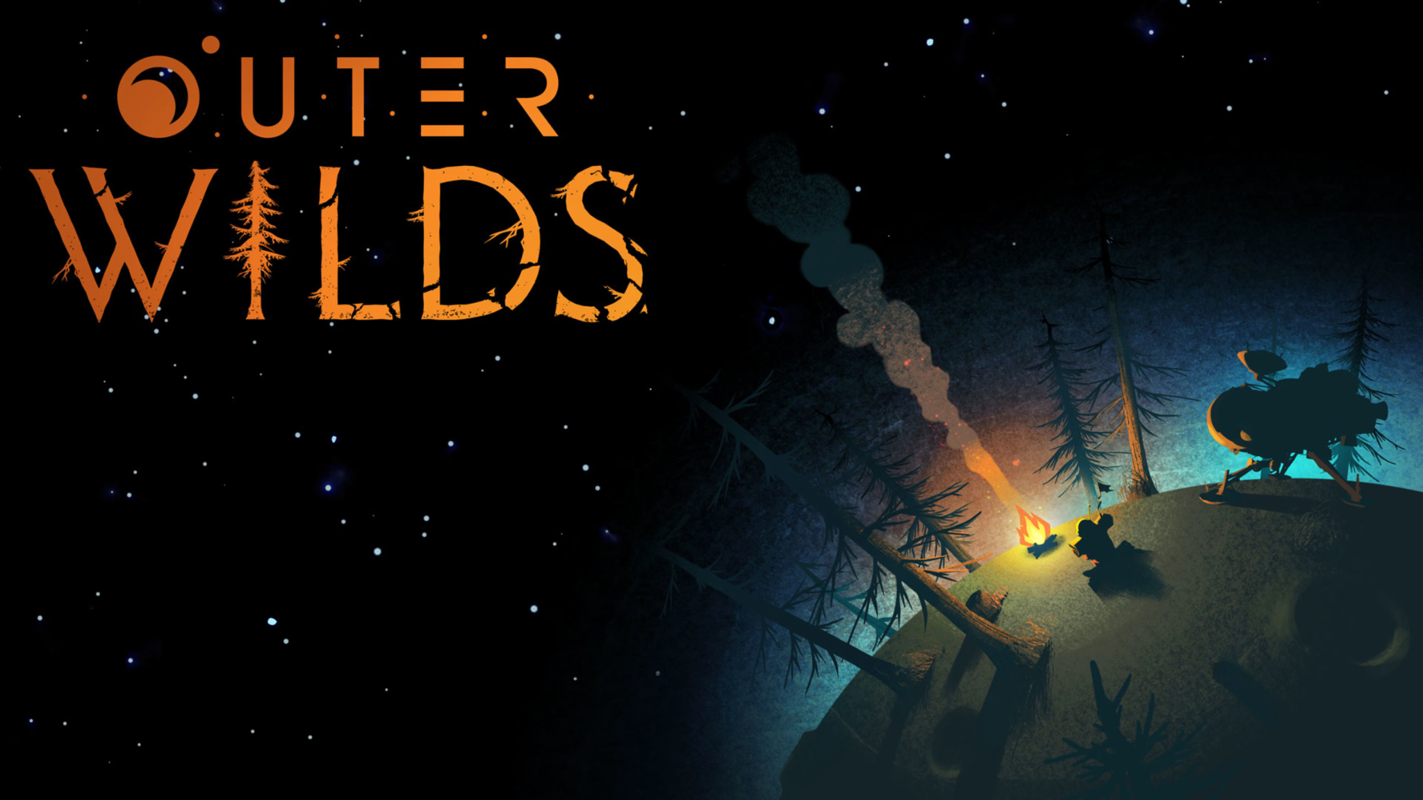 The title screen for Outer Wilds shows the title alongside a corner of a globe with trees and a campsite.