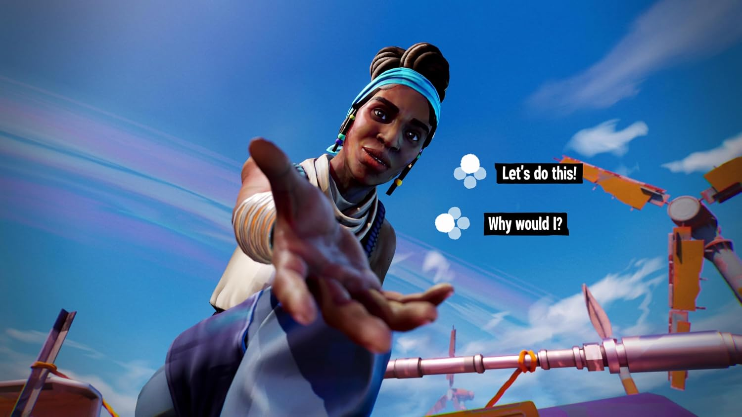 Nahe, a Black woman with locs wrapped in a bun and a blue headband reaches her hand toward the player, who has the options Let's do this! and Why would I?