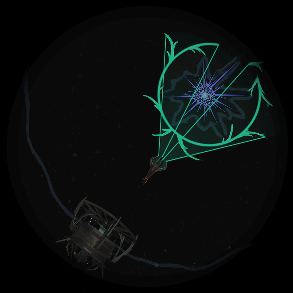 A space anomaly that looks like a tiny and with green lasers coming out of it around a blue starburst shape.