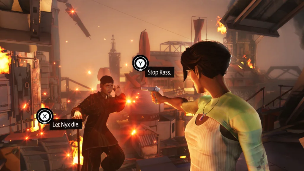 A dystopic scene shows an industrial area with several buildings on fire. Kass wears a green bolero and a white tank top, and holds a gun pointed at Nyx, who shields their face with their hand. Overlaid are player input options to hit X, to Let Nyx die or hit Y, to Stop Kass.