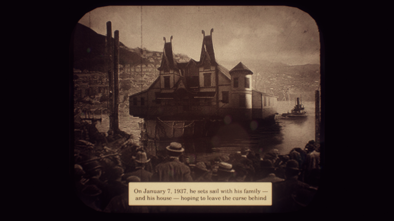 An old film reel shows a shot of a houseboat with the caption "On January 7, 1937, he sets sail with his family — and his house — hoping to leave the curse behind