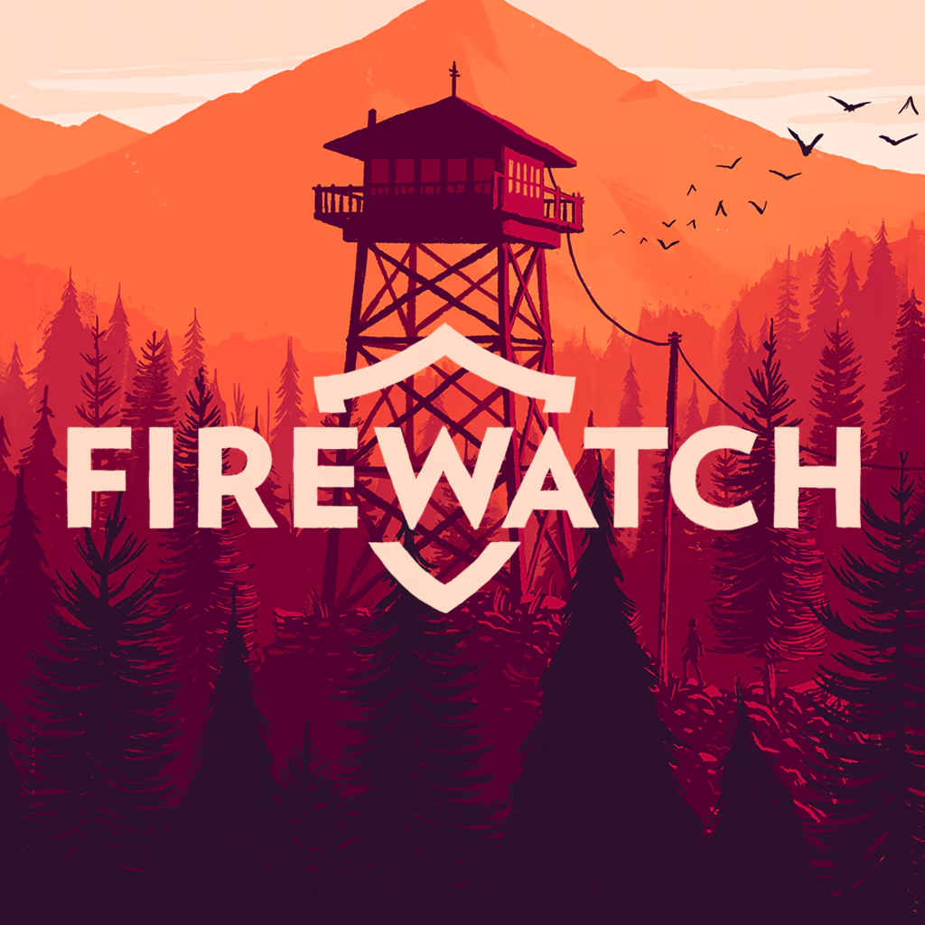A firewatch tower and the surrounding forest are cast in a red haze. The word Firewatch is overlaid, with a badge icon worked into the letter w.