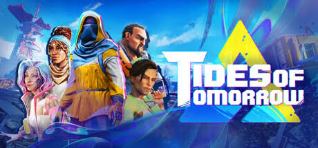The Tides of Tomorrow key art. The five main characters are shown on the left, with the logo on the right, which looks like a blue and yellow triangle.
