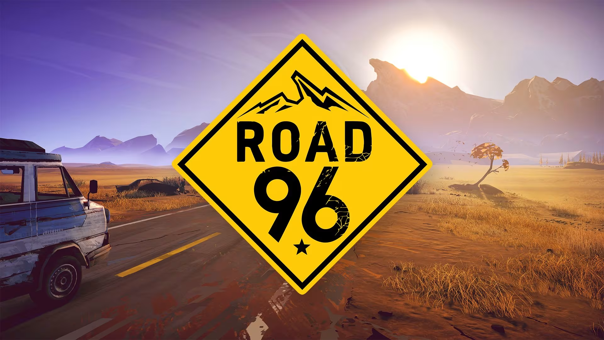 An expanse of desert road with a mountain in the distance and a beat up van on the road. Overlaid is the Road 96 logo, which looks like a yellow diamond-shaped road sign.