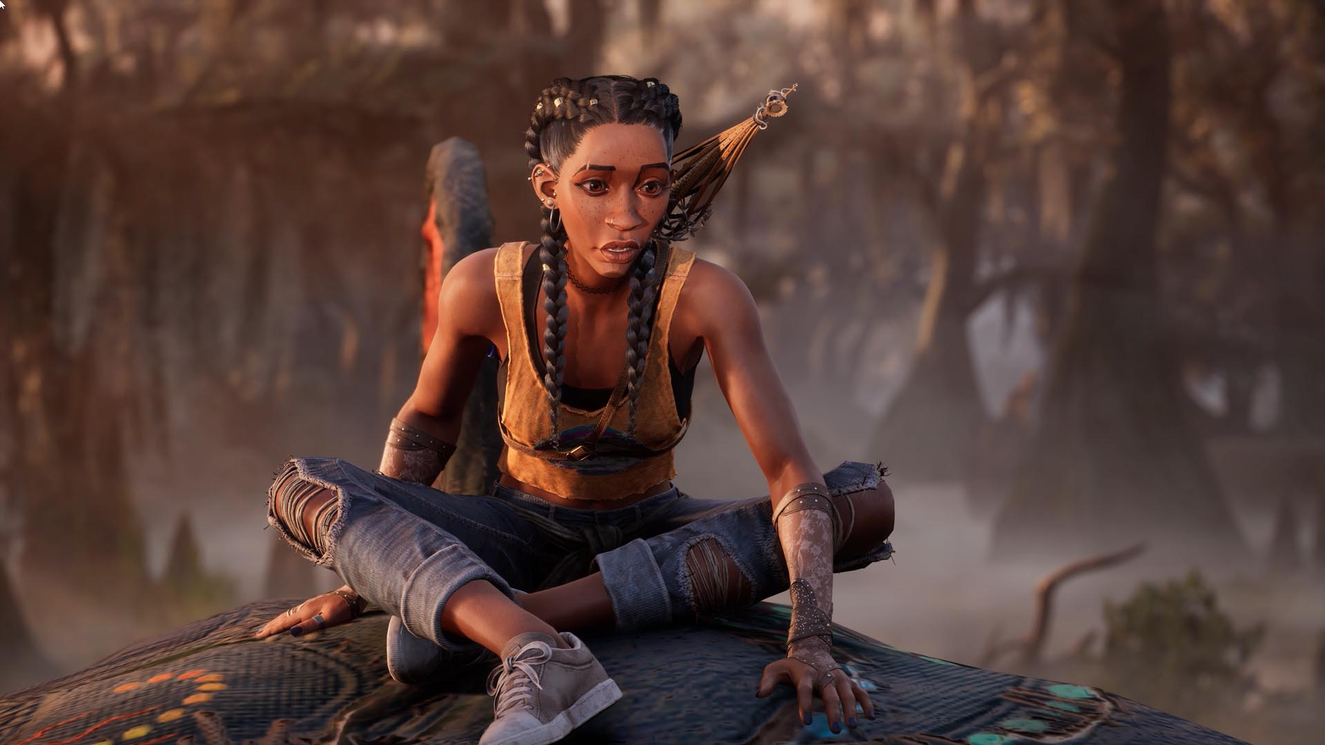 A young Black woman wears two cornrows with beads in them, and a well-worn outfit of a tank top and ripped jeans.