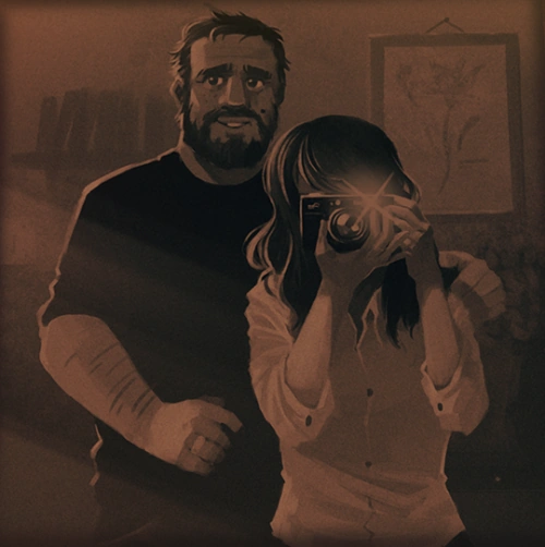 A sepia-toned illustrated photo shows Henry, who has scruffy hair and a beard, with his arm around Julia, whose face is obscured by the camera she's taking a photo with.