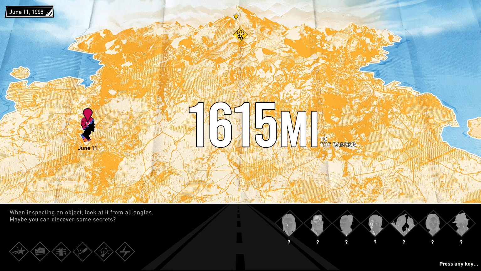 A topographical map shows the player's icon on June 11, 1996, 1,615 miles from the border.