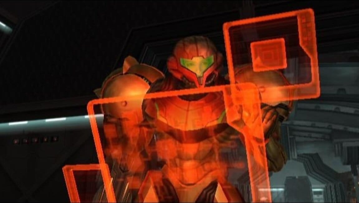 Samus Aran, wearing the orange-red Varia suit, stands in front of a similarly orange-colored data screen. Her eyes and nose can be seen through her helmet's semi-translucent green visor.