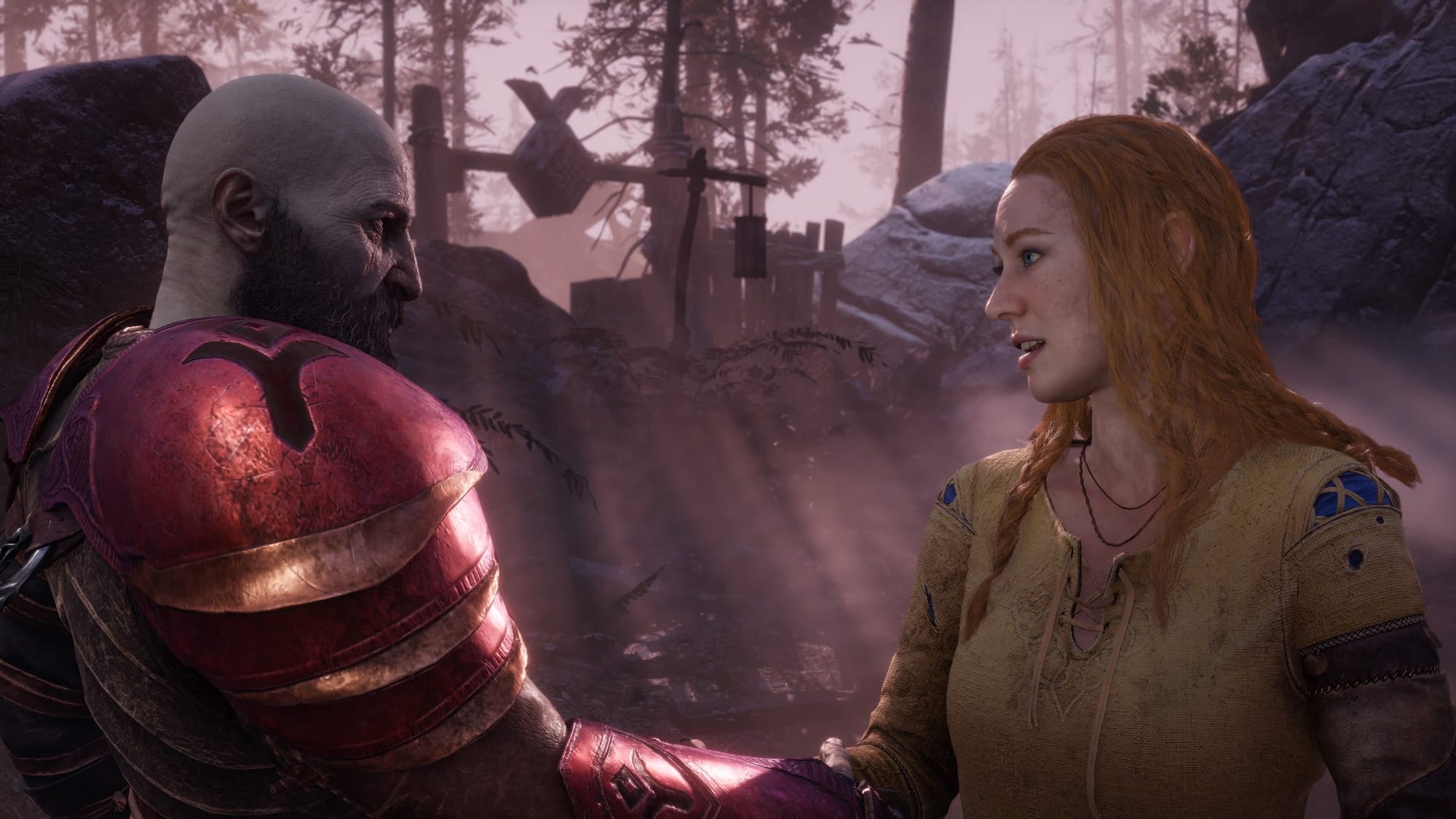 Kratos and Laufey holding hands and gazing at each other in a sun-dappled rocky wilderness