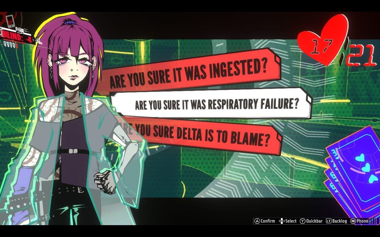A character with purple air and a see-through jacket stands to the left. The center of the screen presents three options, Are you sure it was ingested?, Are you sure it was respiratory failure?, and, Are you sure Delta is to blame?