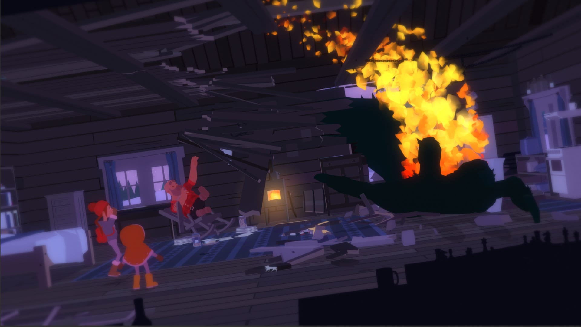 The interior of a cabin that is collapsing as a strange, black creature crashes through the ceiling. Three people scream in horror as ceiling beams fall onto them