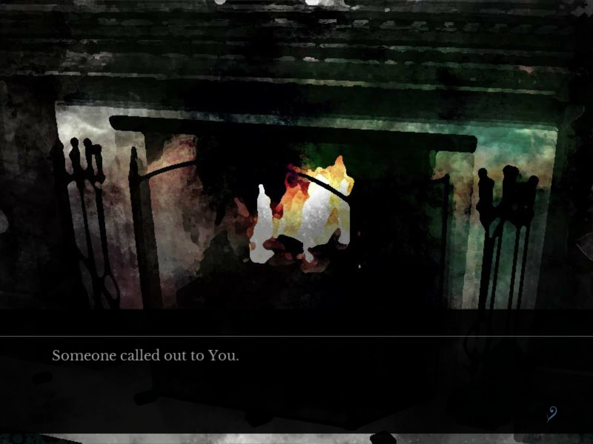 An image of a fireplace with a fire burning inside of it. Text at the bottom of the image reads, "Someone called out to You."