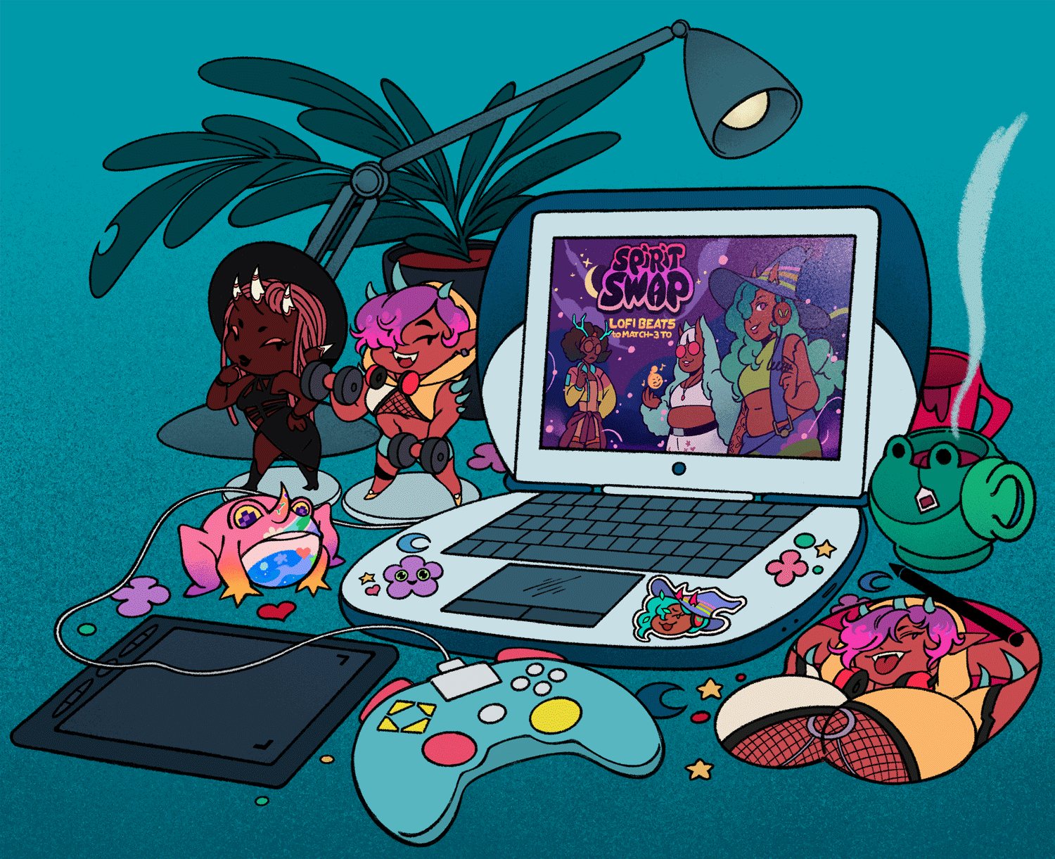 An illustration of an open laptop with the title screen for Spirit Swap, sitting on a desk area strewn with figurines and gaming stuff