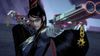 A screenshot from Bayonetta 3 with Bayonetta pointing her guns at something off-screen. She looks pissed
