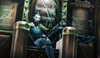 A pale elfin man in blue and silver armor lounges on a huge throne. His face is scarred and his long black hair is in a pontail.