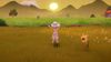A player-character raises their hands above their head as they run through a field toward the sunset with a dog by their side.