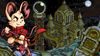 A pixel art image of a mouse wearing a red cloak and vest. She has a determined expression. In the background, there's a castle, a tower, and a graveyard